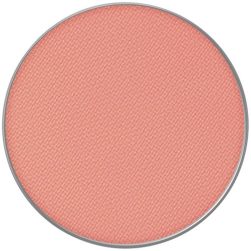 En rund blushrosa sminkkapsel med texturerad yta och grå ytterkant.