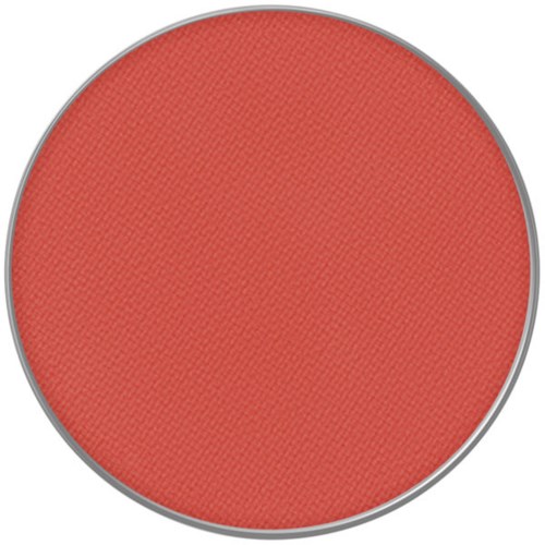 En rund, rosa-liknande rouge med en texturerad yta och silverkant.