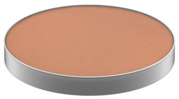 Een ronde, platte voorraad met een beige, glad oppervlak en een zilveren rand.