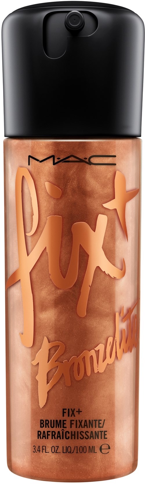 MAC Fix+ sprayflaska med rosa och svarta färger, produktnamn och beskrivning på etiketten.