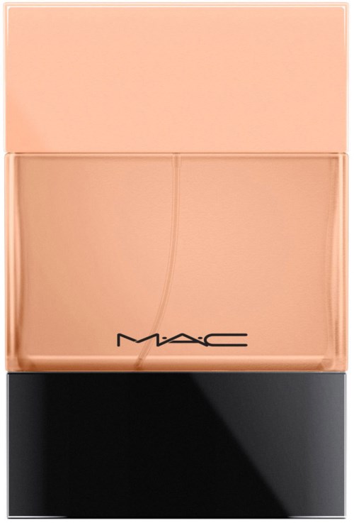 En sminkpudder med lys rosa topp, beige midtdel og en svart bunn med MAC-logoen.