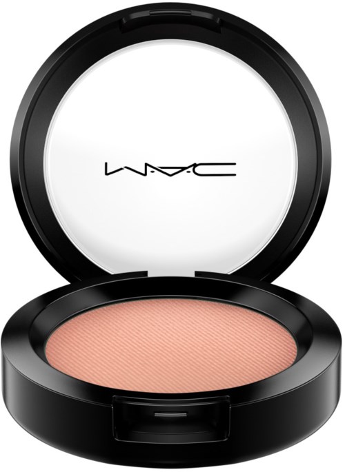 MAC blushmärke med en persikofärgad nyans och svart rund behållare. MAC-logotypen finns på spegeln inuti.