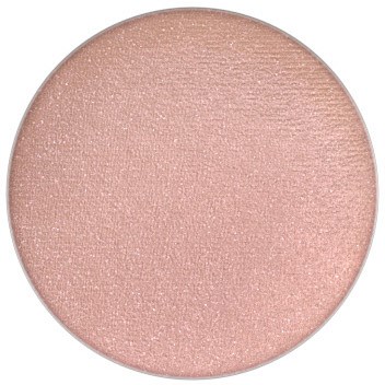 Een ronde make-upproduct met een lichtroze, glanzende, gladde oppervlakte die lijkt op een oogschaduw of highlighter.