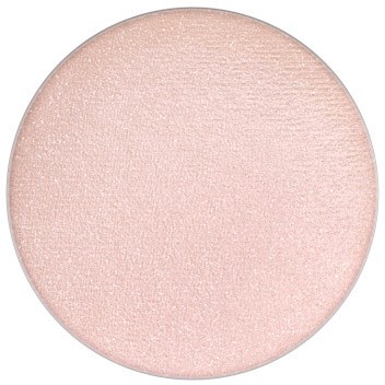 En rund, ljusrosa makeup-rouge med glittrande yta.