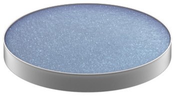 Das Bild zeigt ein rundes, flaches Objekt mit einer glitzernden blauen Oberfläche in einem silberfarbenen Rand.