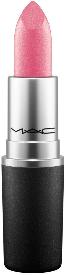 Een roze lipstick in een zilveren en zwarte huls van MAC.