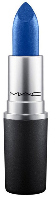 Blauwe lippenstift in een zilveren en zwarte huls, met het MAC-logo.