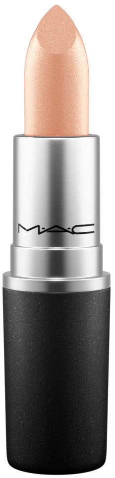 En beige läppstift i ett silver- och svart hölje, märkt 'MAC'.