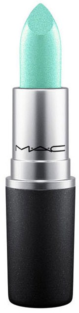 Een turquoise lipstick in een zilveren en zwarte huls, met MAC-logo zichtbaar op het zilveren gedeelte.