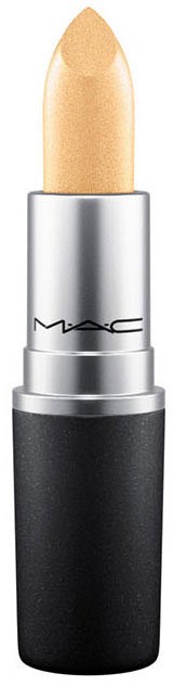 Een beige lipstick in een zwart-zilveren tube met zichtbaar MAC-logo.
