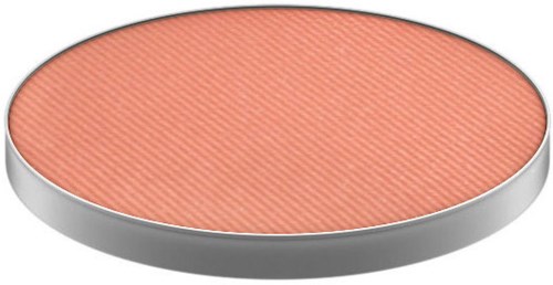 Een ronde, roze-oranje make-up blusher met een textuur en een zilveren rand.