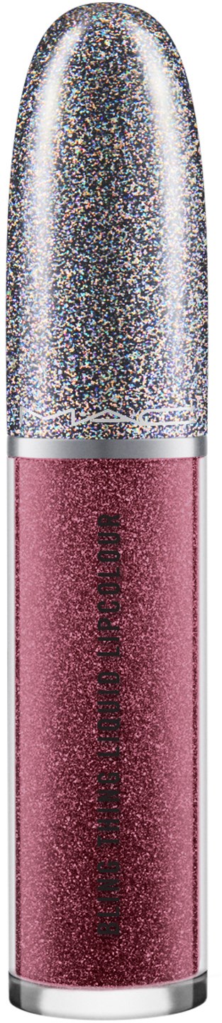 En läppstift med en glänsande, glitterig silverkåpa och rosa-röd kropp. Produkten verkar vara från ett skönhetsmärke.