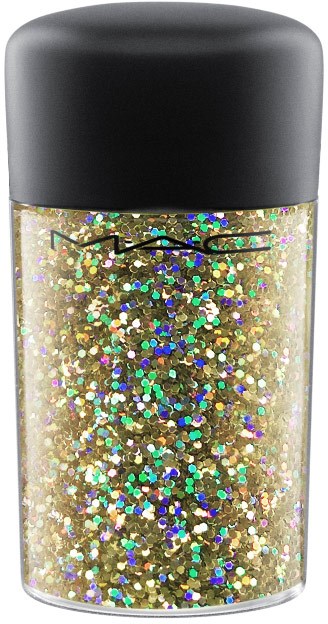 A clear jar filled with gold and multicolored glitter shines inside, topped with a black lid.