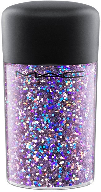 A clear bottle filled with purple, glittery particles and a black cap. The bottle displays a MAC logo near the top.