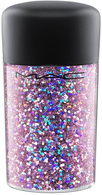 A small jar of pinkish, glittery nail polish with a black lid.