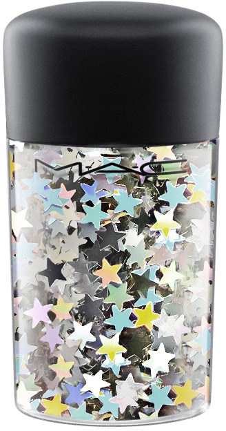 A clear container filled with colorful star-shaped confetti and a black lid.