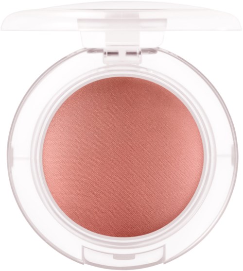 En rund rouge i ett tydligt hölje med en rosa nyans. Det är en makeupprodukt för kinder.