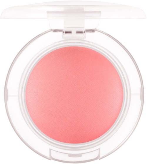 Rund rosa blush i klar plastkompakt med lokk som åpnes.