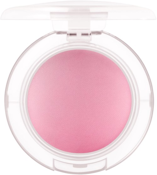 En rosa makeuprouge i en klar rund kosmetolkapsel med lock.