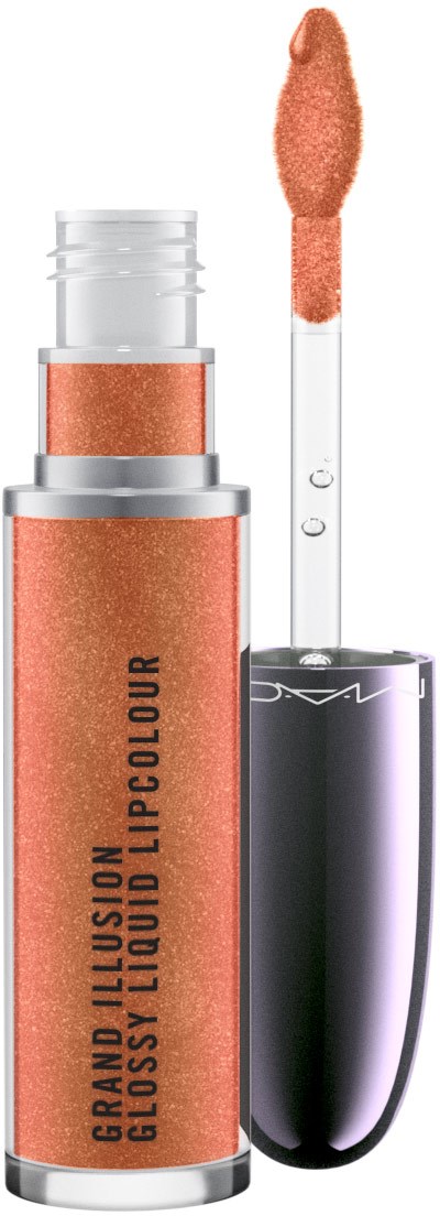 En leppestiftlakk beholder med børste, merket 'Grand Illusion Glossy Liquid Lipcolour', i en ferskenfarge.