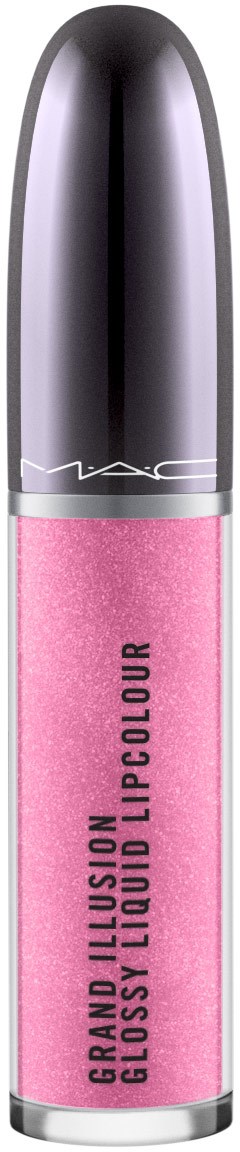 En rosa glossrør med sølvhette, merket 'Grand Illusion Gloss Liquid Lipcolour' fra MAC.