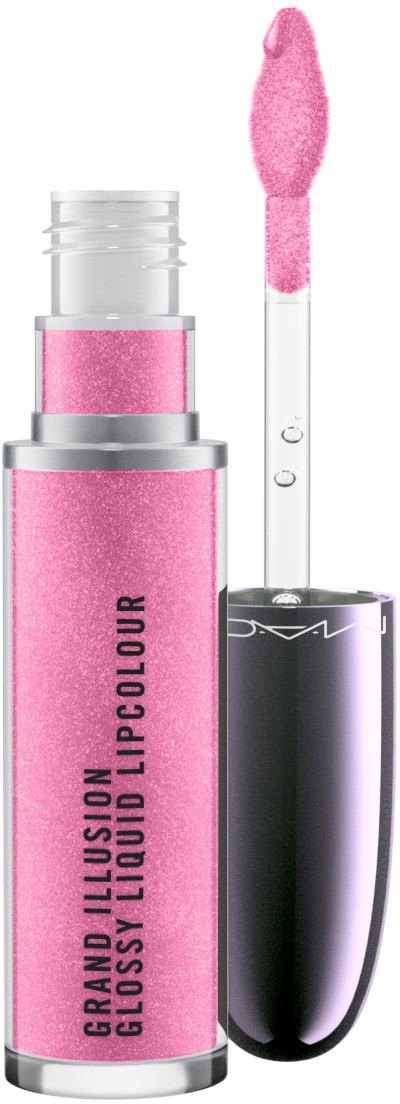 En rosa leppglans med svart hette og applikator, merket "Grand Illusion Glossy Liquid Lipcolour."
