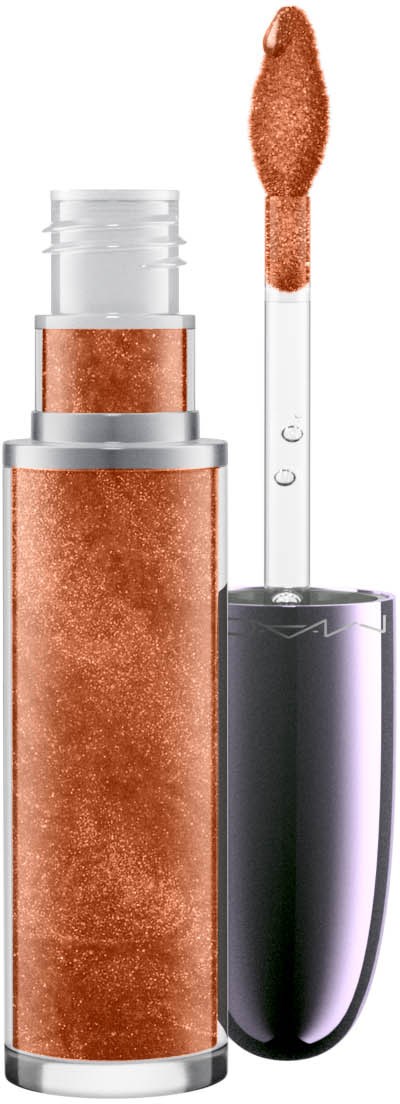 En metallisk leppestiftpenn med brun gloss og en klar påføringsstang. Tuben er skinnende og sylindrisk.