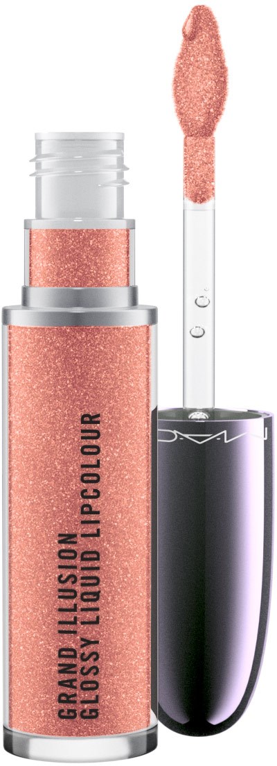 Lys rosa lipgloss med applikator, i en tube merket "Grand Illusion Gloss Liquid Lipcolour".