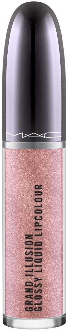 Lipglossrør med en skinnende, metallisk hette og rosa glittervæske inni.