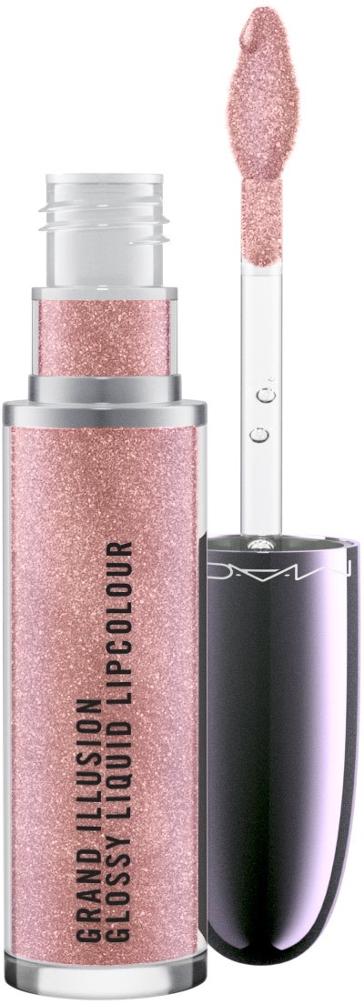 En rosa glitter leppglossrør med svart lokk og påføringsbørste.