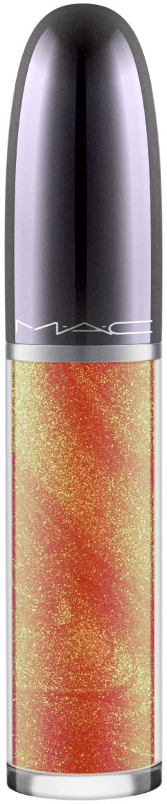 Leppestift med skinnende grå hette og oransje, glitteraktig base. MAC-logoen er synlig på hetten.