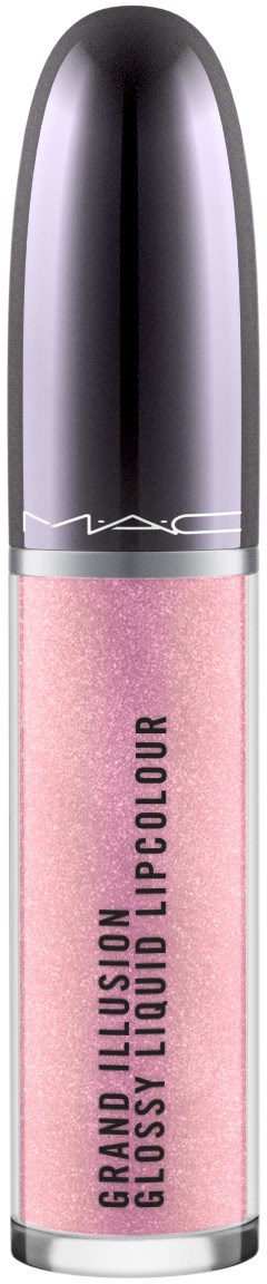En skinnende grå leppestift i et klart rør med rosa gloss og svart tekst.