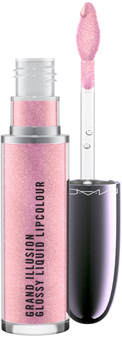 En rosa-glinsende leppepompe med påføringspinsel og merkingen 'Grand Illusion Glossy Liquid Lipcolour' fra MAC.