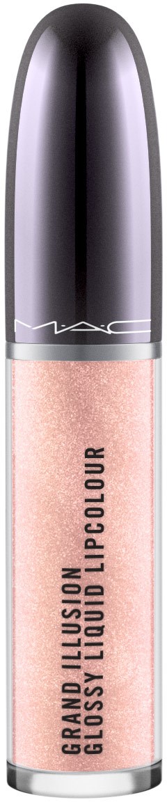 En leppestift med sølvfarget hette og rosa væske inni merket 'Grand Illusion Glossy Liquid Lipcolour'.