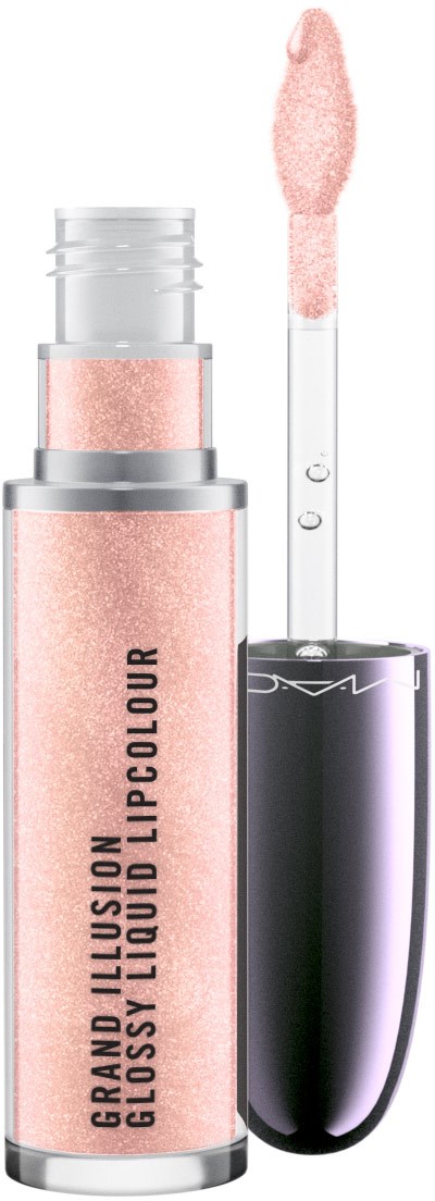 Et rosa gloss med glitter i en tube, med påføringspenn og sølvfarget lokk.