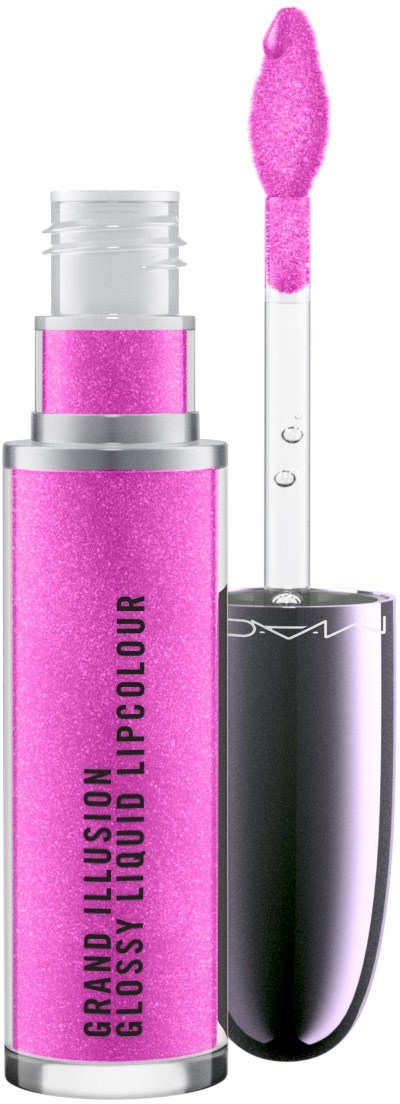 Leppeglansrør med rosa gloss og svart kapsel, merket 'Grand Illusion Glossy Liquid Lipcolour' fra MAC.