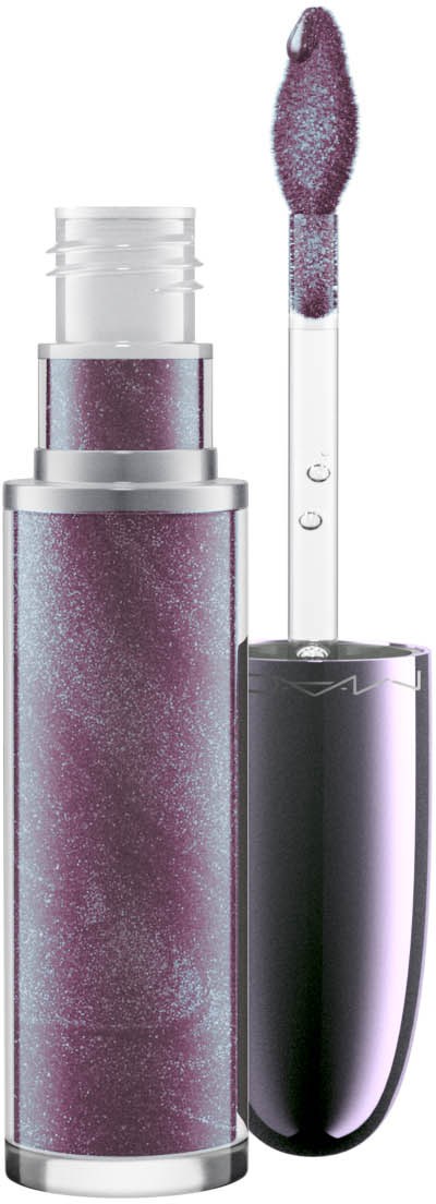 Et skinnende lilla lipgloss-rør med avtagbar kork og påføringspense. Glosset er glitrende og jevnt.