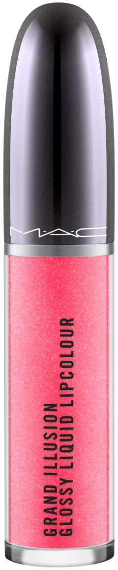 En tube med MAC Grand Illusion Gloss Liquid Lipcolour i rosa med svart og sølvhette.