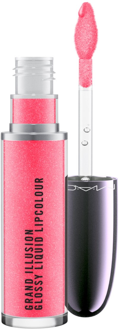 En rosa leppepomade i et gjennomsiktig rør med svart hette, og en påføringspensel med rosa gloss.