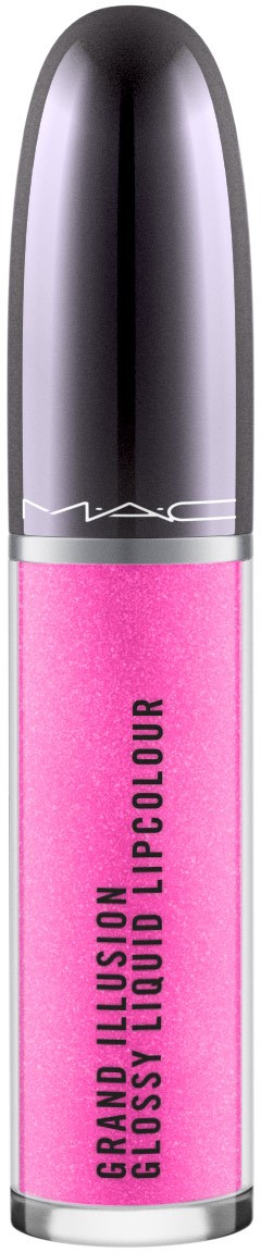 En stilfull rosa leppestift med sølv topp og svart tekst. Det er MAC Grand Illusion Gloss Liquid Lipcolour.