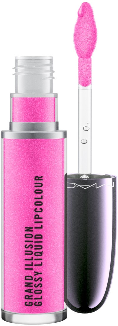 Pink lipglossflaske med applikator og sølvhette.