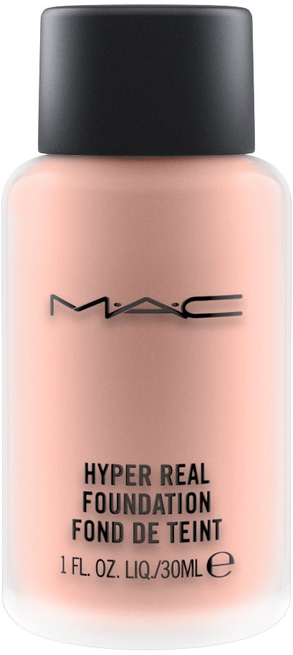 MAC Hyper Real Foundation-flaske, lyserød væske, sort låg, mærke på forsiden, enkel design.