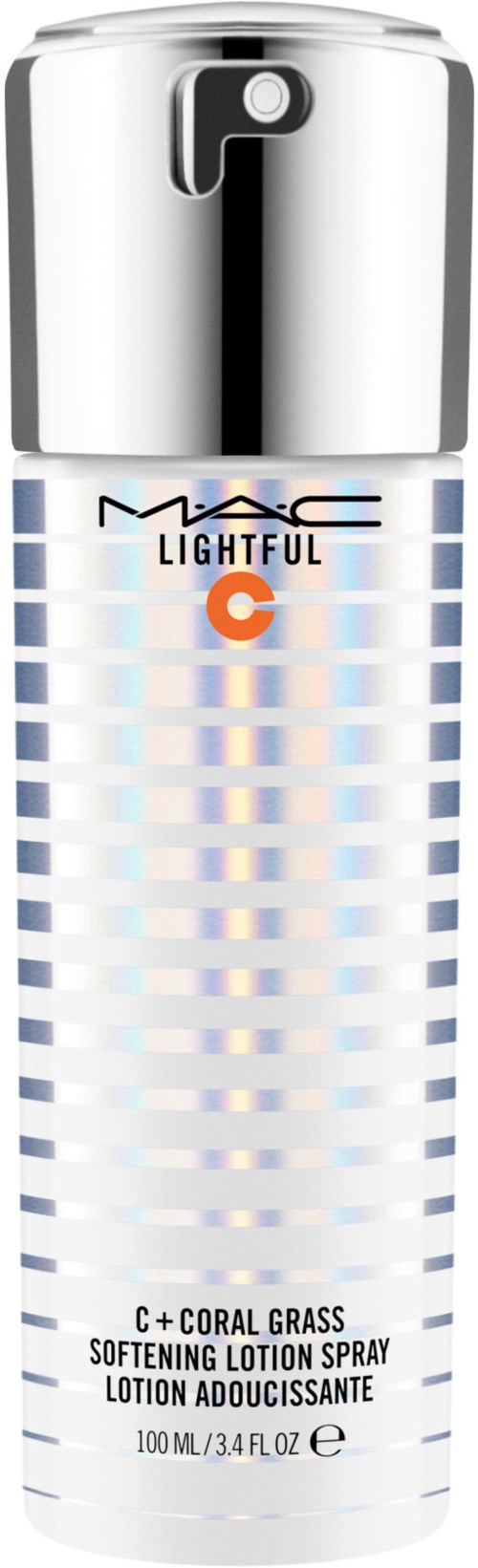 En vit sprayflaska med silverlock, märkt MAC Lightful med orange och svart text samt blå rutnätsdesign.