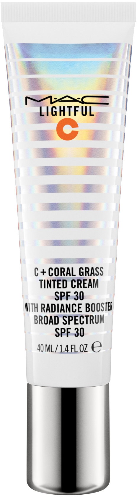 Een tube getinte crème met SPF 30 en breed spectrum bescherming, genaamd Lightful C+ Coral Grass.