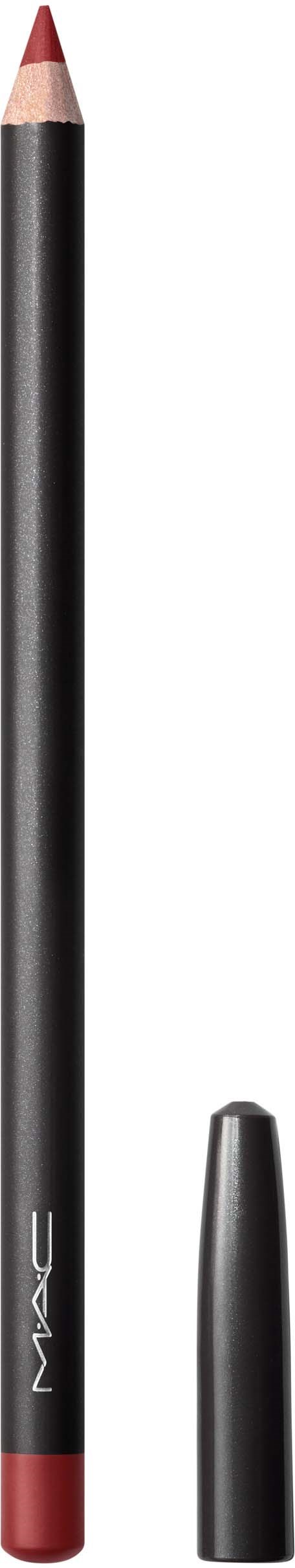 A makeup product with a red tip and black body, labeled MAC, and with a cap beside it.