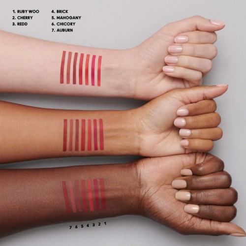 Three arms show different skin tones, each marked with red lipstick swatches labeled with names and numbers.
