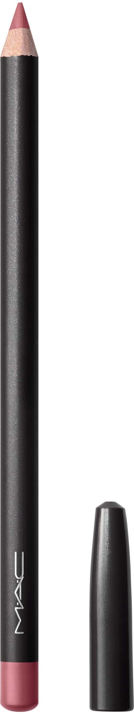 Pinkfarbener Lippenkonturenstift ohne Kappe, zeigt die Spitze, vor monochromem Hintergrund.