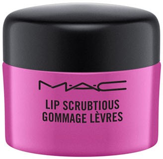 En rosa burk med svart lock, märkt MAC Lip Scrub, och svart text.