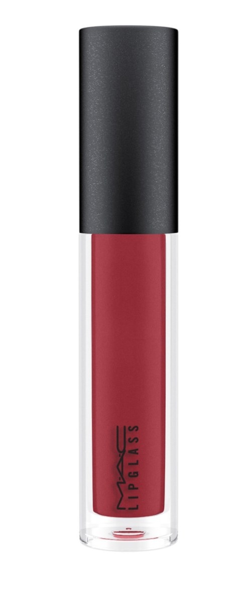 En MAC lipglossflaske med svart lokk og rosa leppefarge inni.