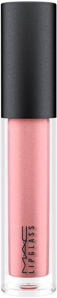 Pinkki huulikiilto läpinäkyvässä putkessa, jossa on musta korkki, merkannut 'MAC' ja 'Lipglass.'